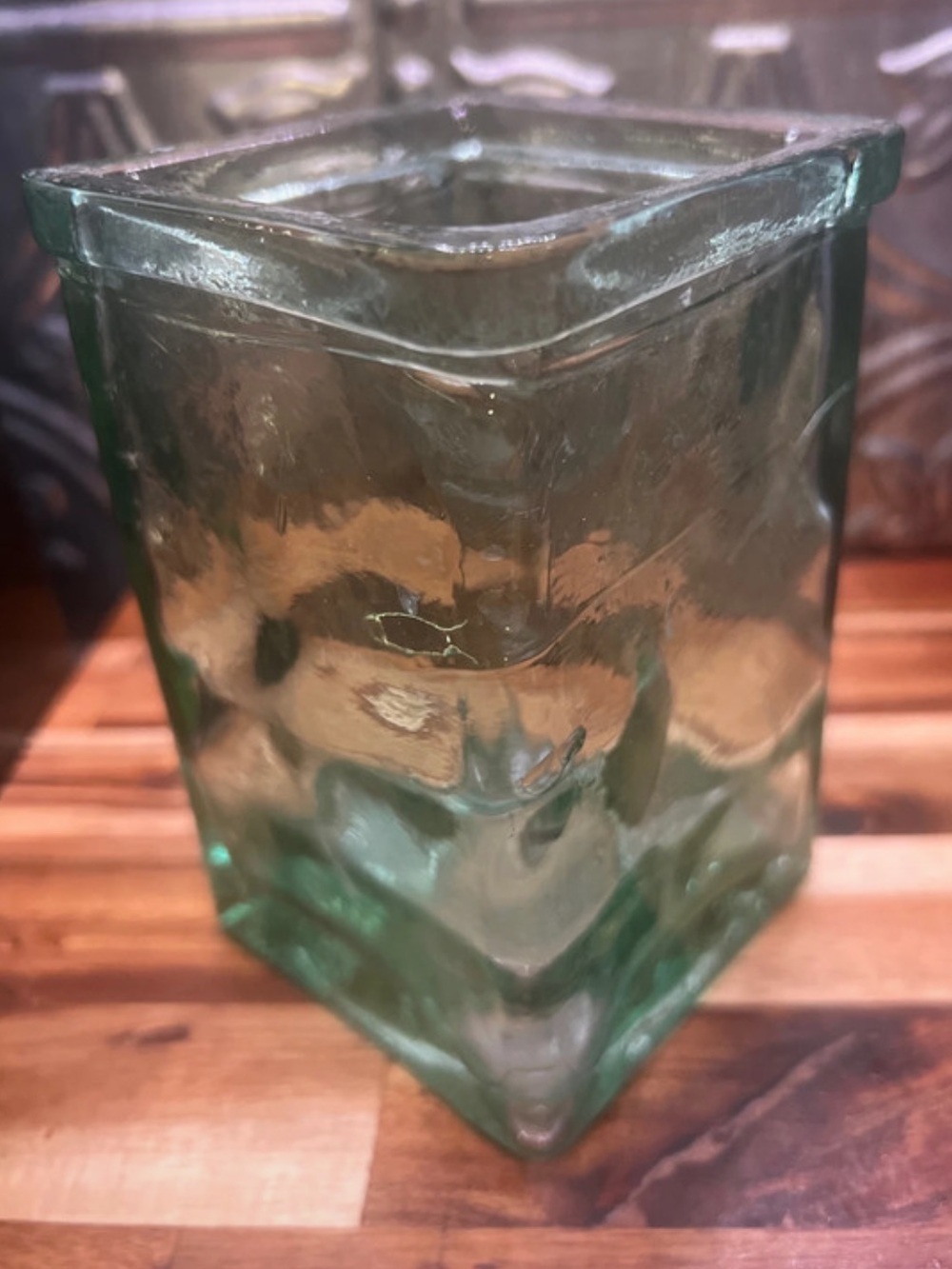 Heavy Green Recycled Glass Vase Square Artisan Style 5.25”